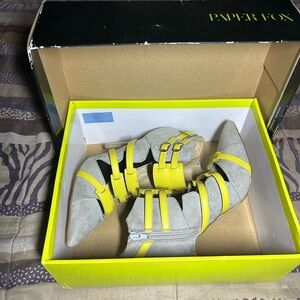 Gray and Yellow Pointed Toe Stiletto Heel Booties by Paper Fox, Size 9.